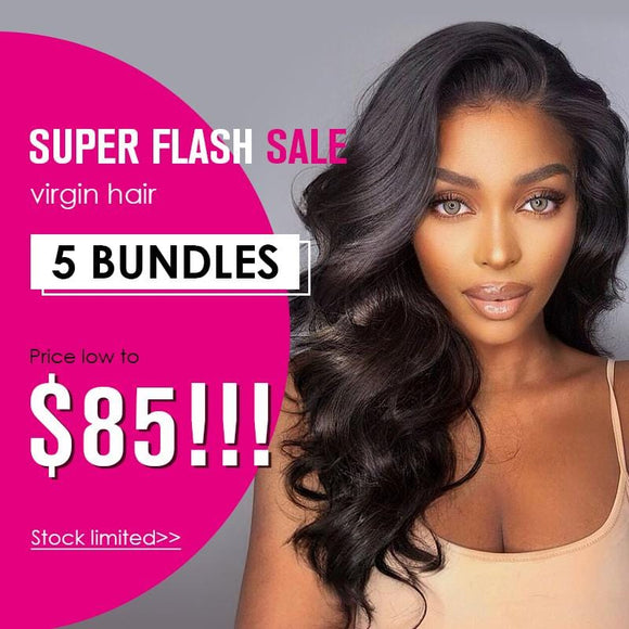 Cheveux vierges de haute qualité, de 5 paquets, en vente flash à partir de 85 $.