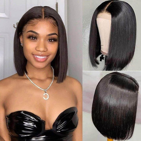 Klaiyi T Part Short Straight Human Hair Bob Wigs Middle Part Pre-plucked 150% Density