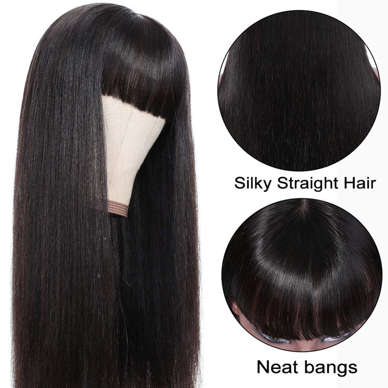 Klaiyi Straight Human Hair Wig with Bangs 13*4 Lace Front Human Hair Wigs Fringe Style