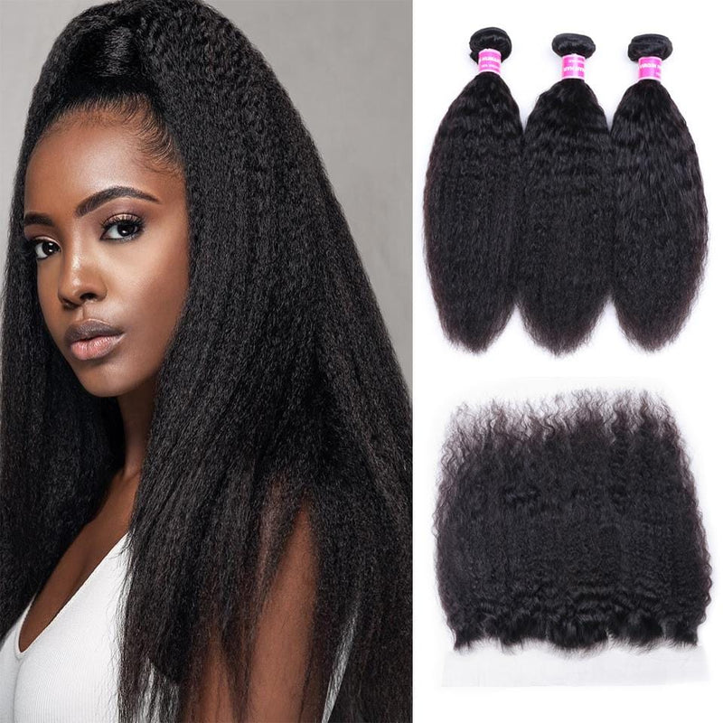 Klaiyi Hair Brazilian Kinky Straight Hair 3 Bundles with Lace Frontal Closure Brazilian Human Hair Bundles