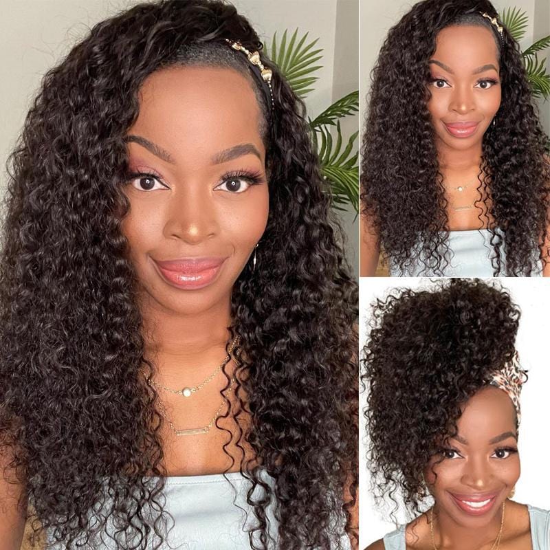 Klaiyi Headband Wig Curly Human Hair Wig With Free Scarf Natural Color Wig For Women