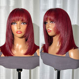 Klaiy Burgundy Bob Wig bangs with layers Human Hair Lace Front Wig