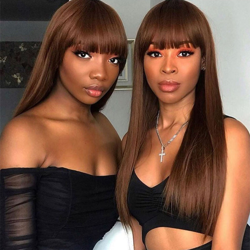 $100 OFF | Code: SAVE100 Klaiyi Glueless Wigs Human Hair with Layer Inner Buckle Dark Brown Color Bone Straight Machine Made Wig with Bangs