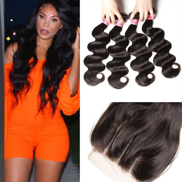 Klaiyi Tissage de cheveux humains vierges indiens ondulés, 4 paquets avec fermeture en dentelle 