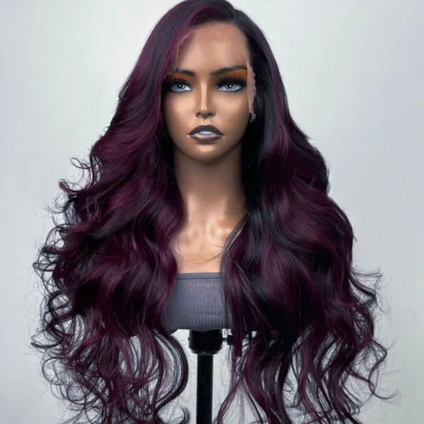 $100 OFF | Code: SAVE100 Klaiyi Midnight Dark Purple Ombre 13x5 T Part Lace Front Wig Body Wave Wig