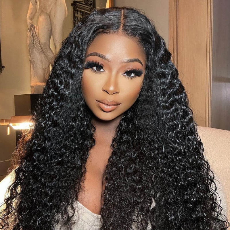 Klaiyi Deep Wave 13x4 HD Transparent Lace Front Wig Human Hair Curly Glueless Lace Wigs