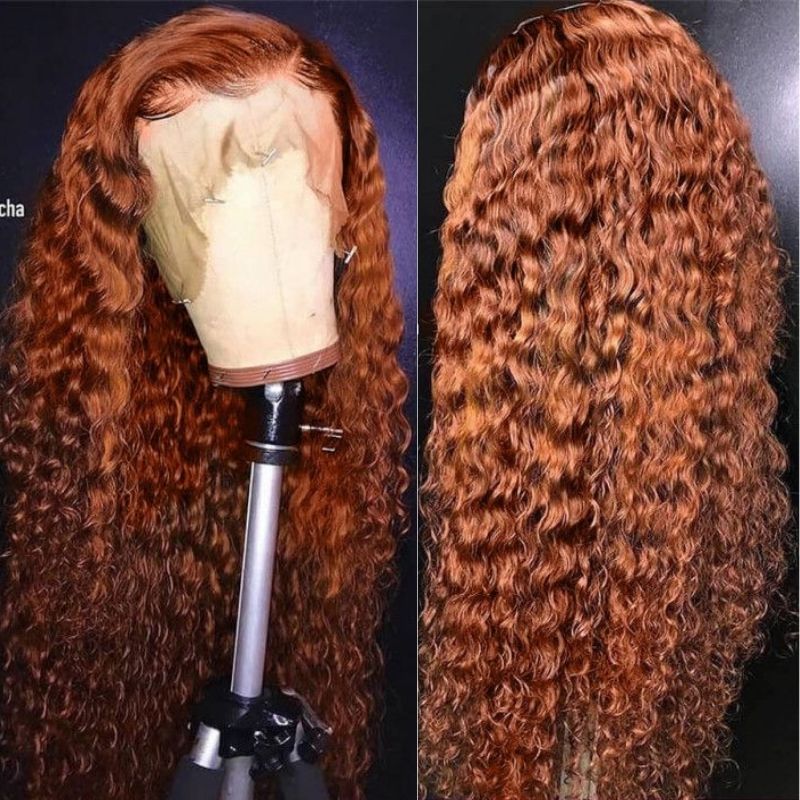 Klaiyi Jerry Curly Ginger Brown Colored Lace Front Wigs High Quality Human Hair