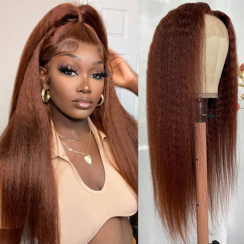 Klaiyi Pre-Cut Lace Wig Wear & Go Reddish Brown Kinky Straight Human Hair Wig with Breathable Cap
