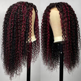 Klaiyi Dark Burgundy With Rose Red Highlights Curly Lace Front Wig Ombre Human Hair Flash Sale