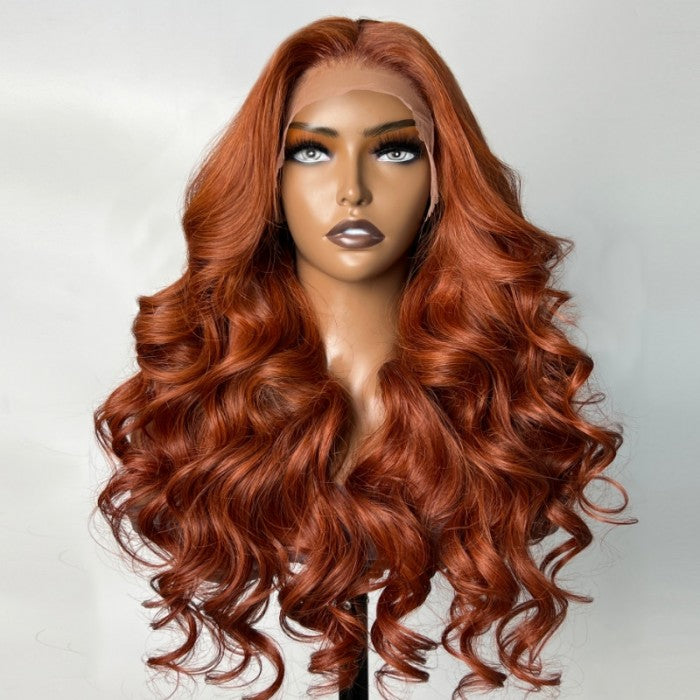 Klaiyi Spicy Ginger 13x4 Lace Front Wig Body Wave Human Hair Wig Copper Brown Hair