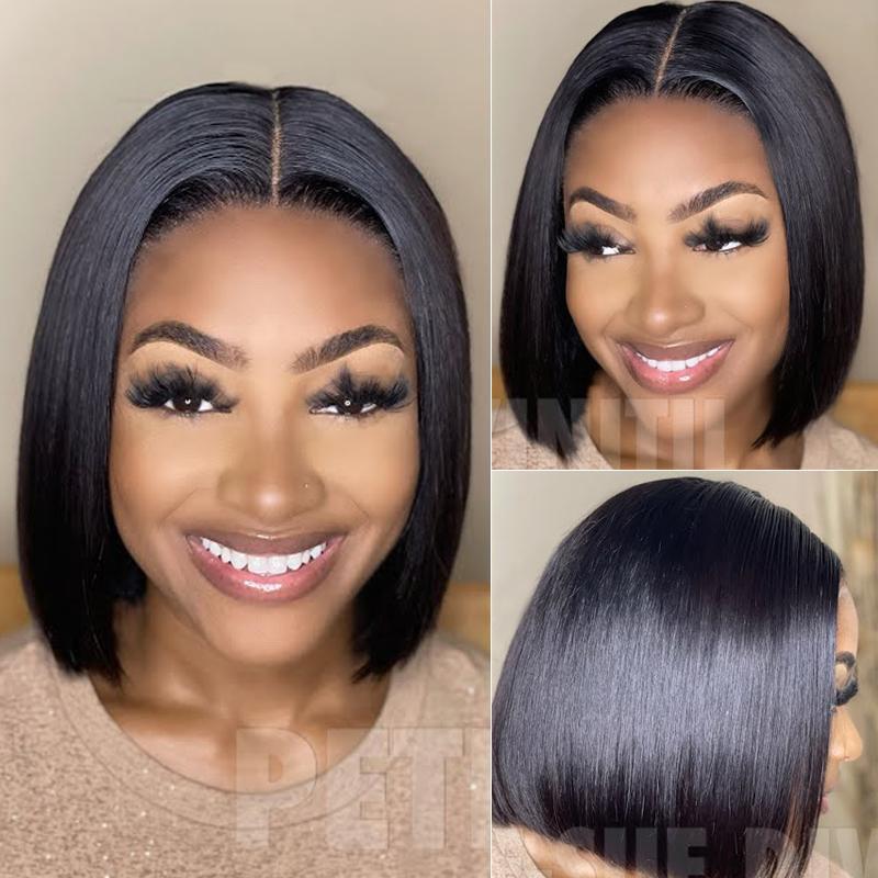 Klaiyi T Part Short Straight Human Hair Bob Wigs Middle Part Pre-plucked 150% Density