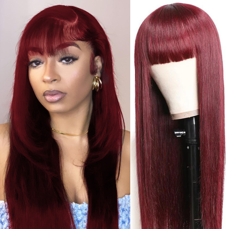 Klaiyi 99j Burgundy Color Straight Wigs With Bangs For Women 100% Virgin Human Hair Wigs