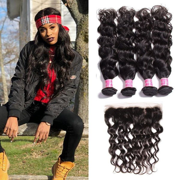 Klaiyi Brazilian Natural Wave 4 Bundles with 13*4 Ear to Ear Lace Frontal Closure Deals