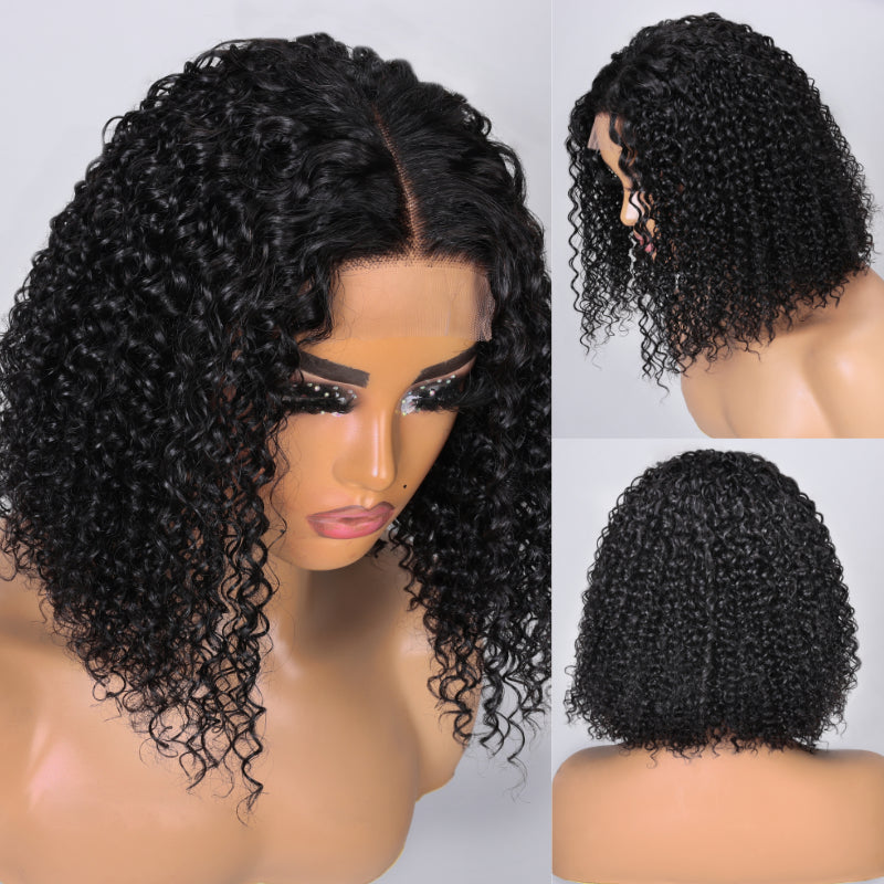 Klaiyi Curly Lace Part Bob Wigs Short Human Hair Curly Wig Natural Black 4*0.75 Lace