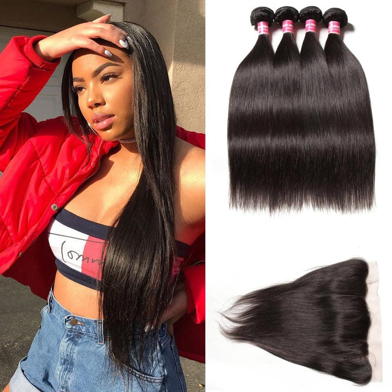 Indian Straight Hair 4 Bundles with Lace Frontal Closure Deals- Klaiyi Hair