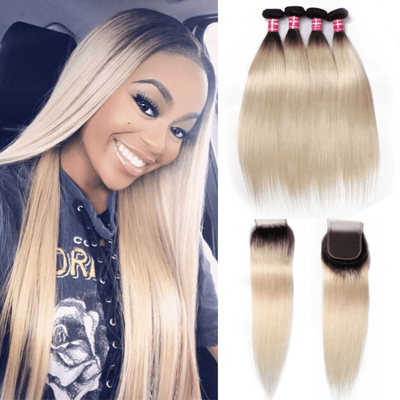 Klaiyi 4 Bundles Straight Ombre Hair Weave 1b/613, 2 Tone Color Ombre Human Hair Extensions