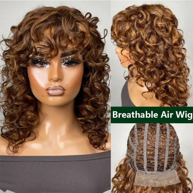Klaiyi Hair Brown Highlight Wolf Cut Bob Wigs With Bangs Air Wig Breathable Wig Flash Sale