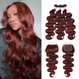Klaiyi 3 Bundles with Lace Closure Pre Plucked Auburn Copper Reddish Brown Human Hair
