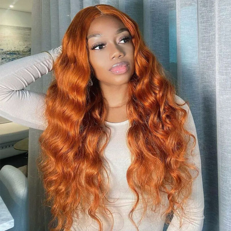 1-3 B-Days Delivery | Klaiyi Orange Ginger Colored Wigs Jerry Curly Or Body Wave 180% Density Lace Part Wig Flash Sale