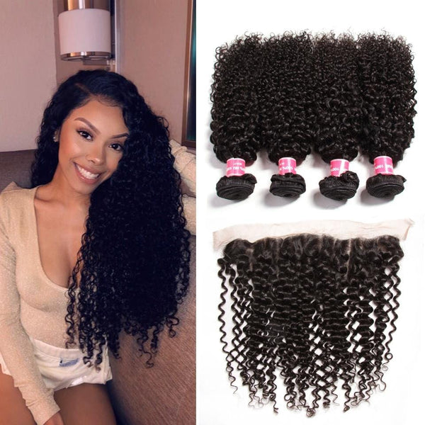 Klaiyi Brazilian Curly Hair Free Part 13x4 Lace Frontal Closure With 4Bundles Curly Hair Bundles