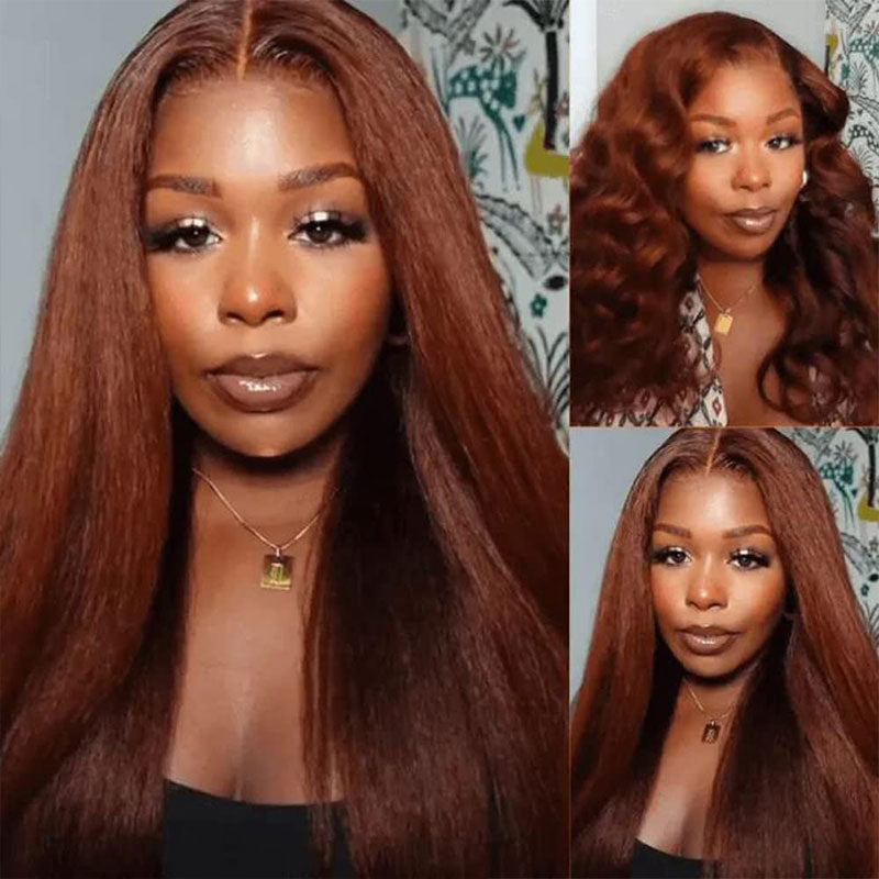 Klaiyi Kinky Straight Reddish Brown Lace Part Wig 13x5x0.5 T Part Hand Tied Lace Wig