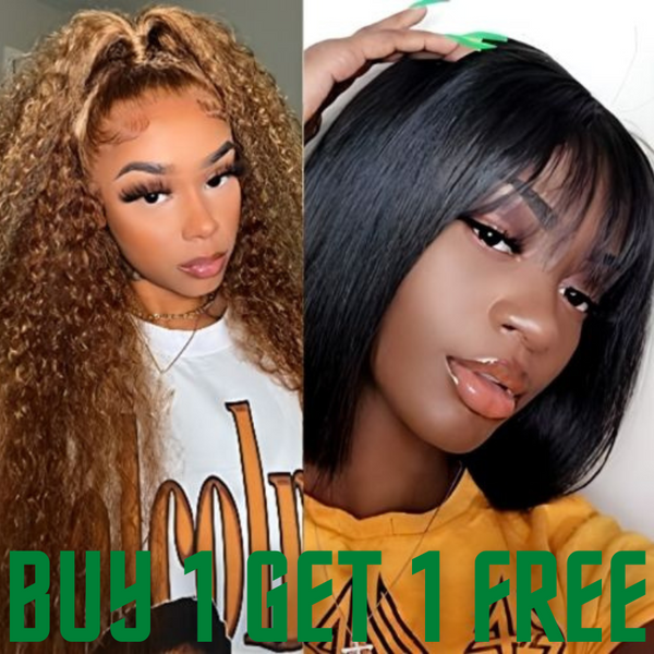 Buy 1 Get 1 Free | Klaiyi Hair Buy Honey Blonde Jerry Curly 13x4 Lace Front Wig Get Bob Wig With Bangs Free Flash Sale