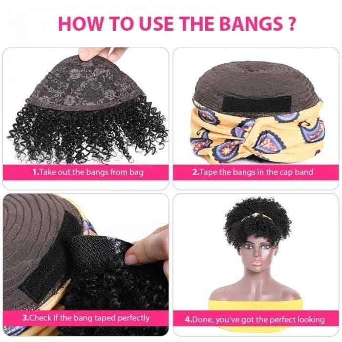 Klaiyi Short Kinky Curly Glueless Headband Wigs Puff Head-Wrap Wigs with Removable Bangs Human Hair Wigs