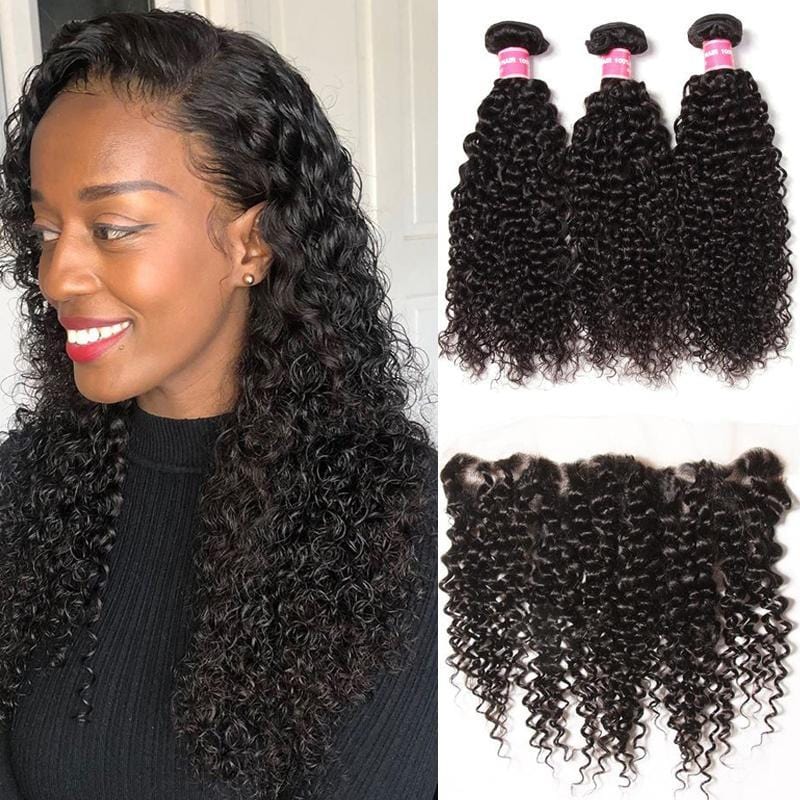 Klaiyi Brazilian Curly Hair 3 Bundles with 13x4 Lace Frontal