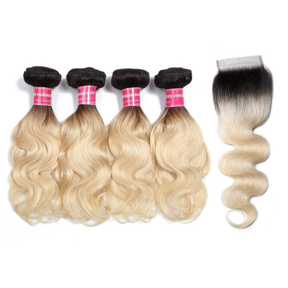 Klaiyi 1B/613 Cheveux ondulés ombrés, 4 paquets avec fermeture 4*4, extensions de cheveux humains bicolores à vendre 