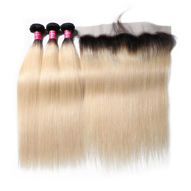 Klaiyi 1B/613 Straight Ombre Hair 3 Bundles with 13*4 Frontal Closure, 2 Tone Color Human Hair Weave Extensions For Sale