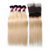 Klaiyi 1B/613 Straight Ombre Hair 4 Bundles with 13*4 Frontal Closure, 2 Tone Color Human Hair Weave Extensions For Sale