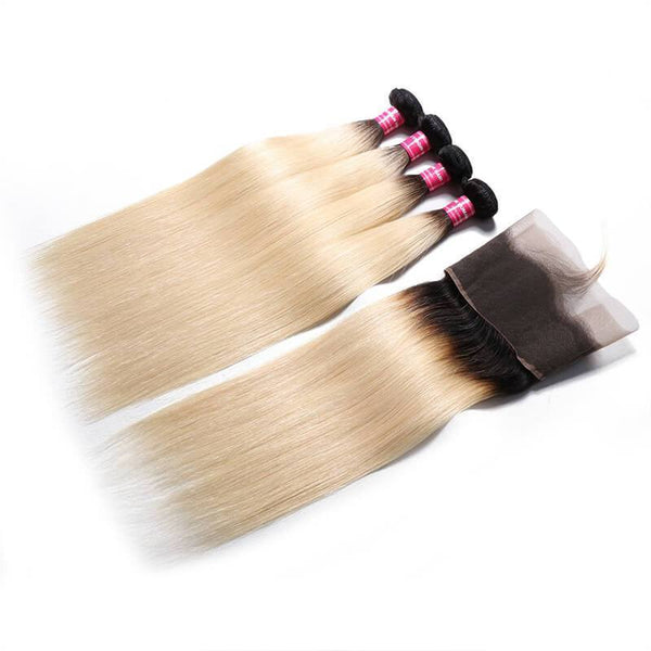 Klaiyi 1B/613 Straight Ombre Hair 4 Bundles with 13*4 Frontal Closure, 2 Tone Color Human Hair Weave Extensions For Sale