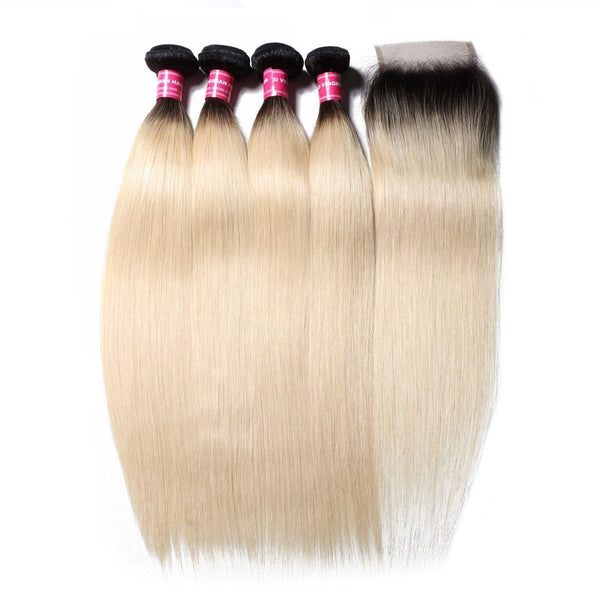 Klaiyi 1B/613 Straight Ombre Hair 4 Bundles with 4*4 Closure, 2 Tone Color Human Hair Weave Extensions For Sale