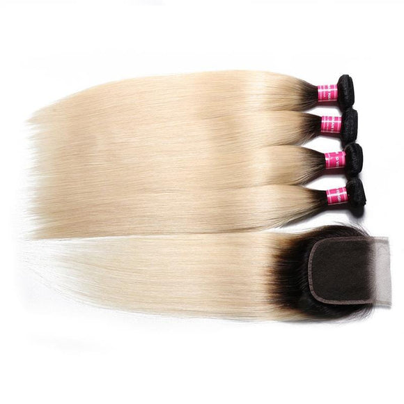 Klaiyi 1B/613 Cheveux raides ombrés, lot de 4 paquets avec closure 4*4, extensions de cheveux humains bicolores à vendre 