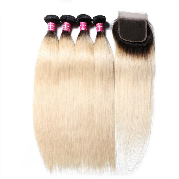 Klaiyi 1B/613 Cheveux raides ombrés, lot de 4 paquets avec closure 4*4, extensions de cheveux humains bicolores à vendre 