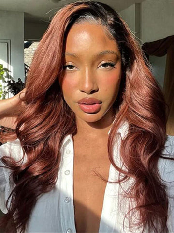 Klaiyi Bleand Natural V Part Wig Reddish Brown With Dark Roots Body Wave Human Hair Wigs