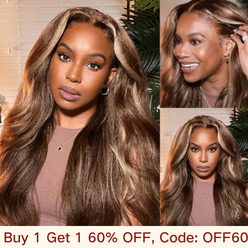 Buy 1 Get 1 60% OFF,Code:OFF60 | Klaiyi Honey Blonde Highlight Kinky Straight/Kinky Curly Lace Frontal Wig with Baby Hair