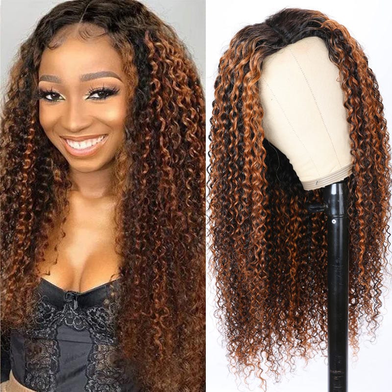 Klaiyi Highlight Balayage Color Curly V Part Wigs Meets Real Scalp Beginner Friendly Trendy Wig