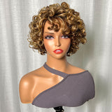 Klaiyi Glueless Blonde Highlight Big Curly Fringe Wig Machine Made Human Hair Wigs