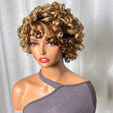Klaiyi Glueless Blonde Highlight Big Curly Fringe Wig Machine Made Human Hair Wigs