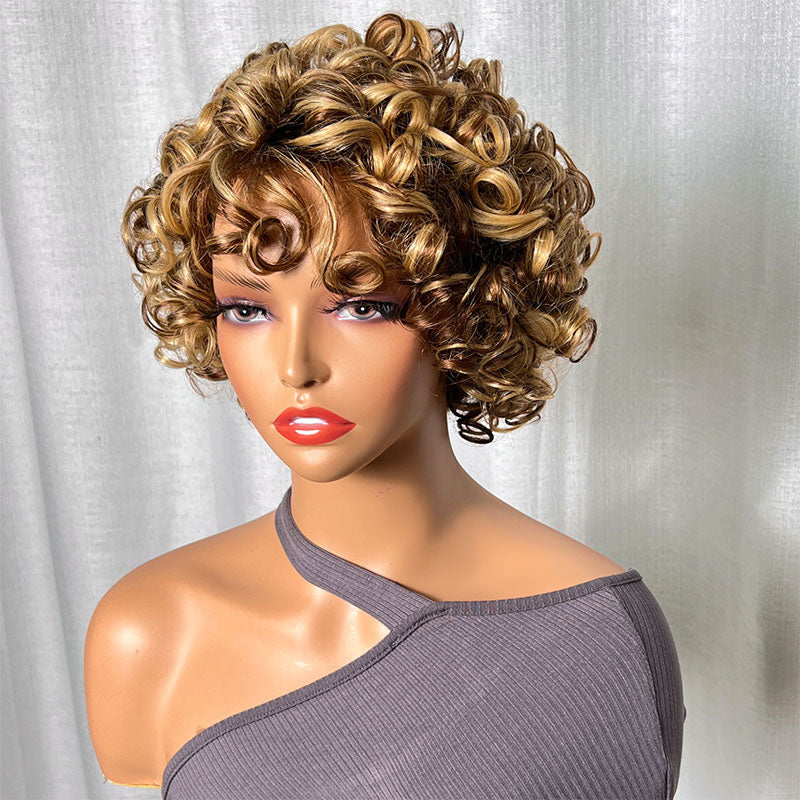 Klaiyi Glueless Blonde Highlight Big Curly Fringe Wig Machine Made Human Hair Wigs