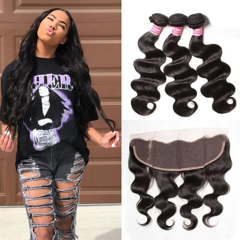 Klaiyi Brazilian Virgin Body Wave Hair 3 Bundles With Lace Frontal Hair Closure