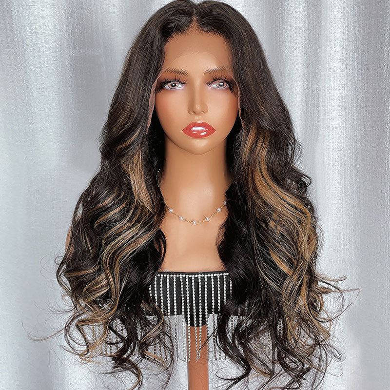 Klaiyi 13x4 Lace Front Wig Chocolate Brown With Peek A Boo Blonde Highlights Body Wave Wig Flash Sale