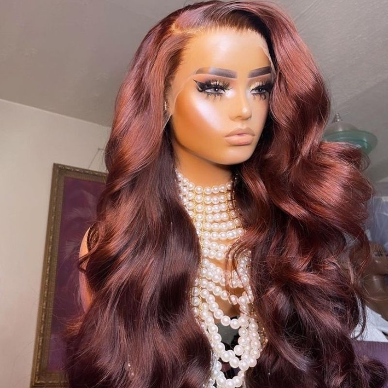 Klaiyi Brunette Auburn Copper 13x4 Lace Frontal Wig Virgin Human Hair Reddish Brown Color