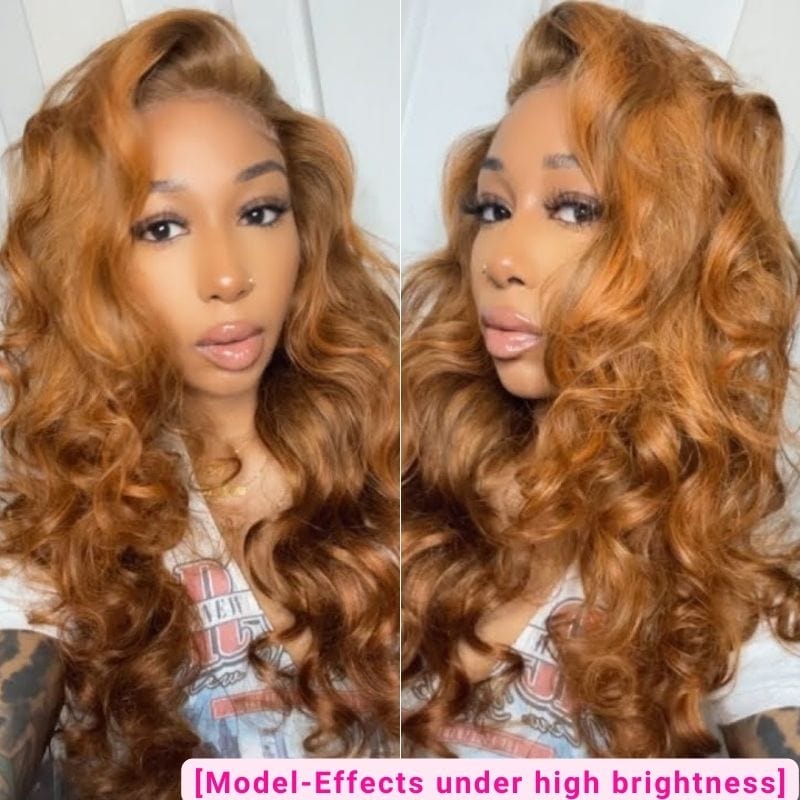 Klaiyi Voluminous Bouncy Curls Lace Front Loose Wave Wigs Chestnut Brown Highlight Color Wigs 180% Density