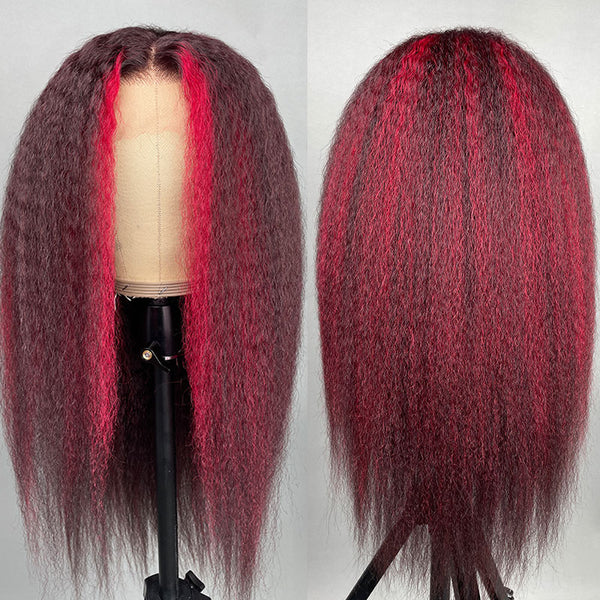 Klaiyi Dark Burgundy Highlights with crimson red Stripes Kinky Straight Lace Front Wig