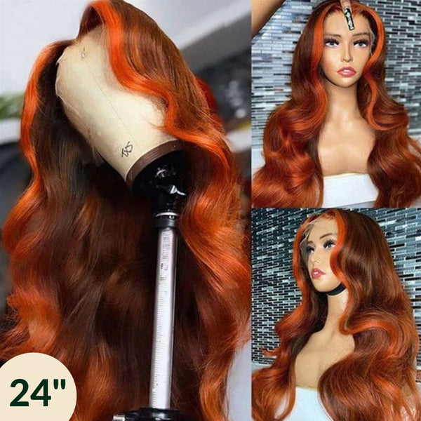 Klaiyi 24 inches Sunset Gold Color With Cowgirl Copper 13x4 Lace Front Body Wave Wig Human Hair New Arrival Flash Sale