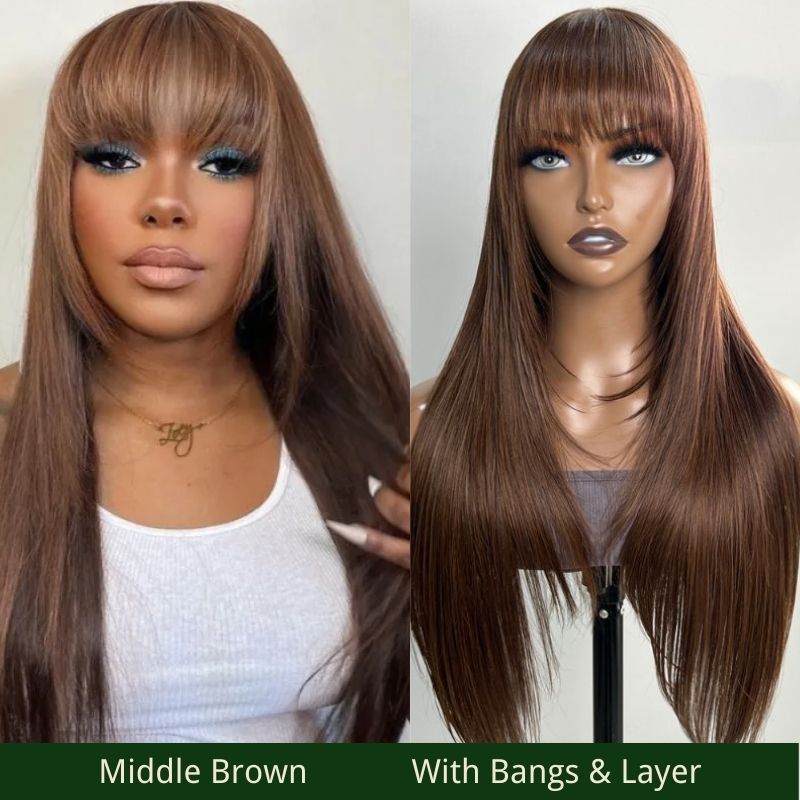 Klaiyi Mocha Brown Bone Straight Wig With Bang Machine Made Human Hair Flash Sale