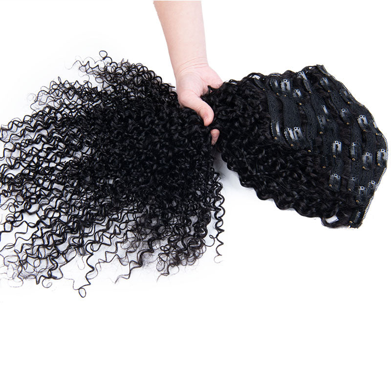 Klaiyi Hair Curly Clip in Human Hair Extension 9 Pcs/Set Full Head Natural Black Ponytail Hair Extensions