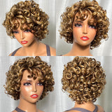 Klaiyi Glueless Blonde Highlight Big Curly Fringe Wig Machine Made Human Hair Wigs